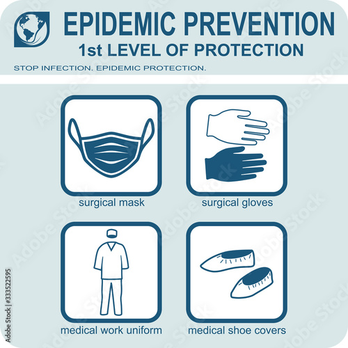 Healthcare infographic elements. EPIDEMIC PREVENTION. 1st LEVEL OF PROTECTION. Vector illustration.