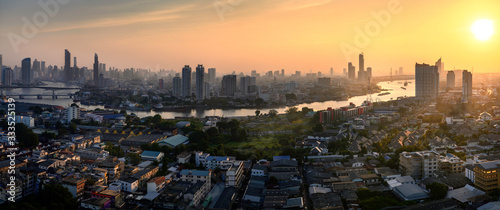  Views of bangkok city Aerial view of modern business buildings around the Chao Phraya River in Thailand at sunrise