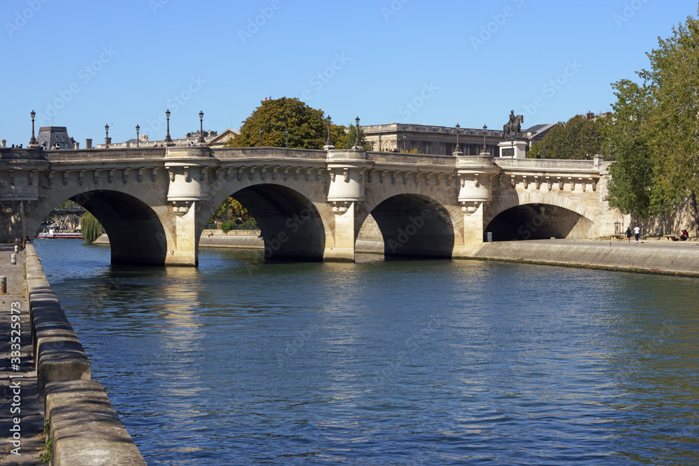 Pont Neuf (New Bridge) in Paris, France. Between Cite and left bank of the Seine. September 2019