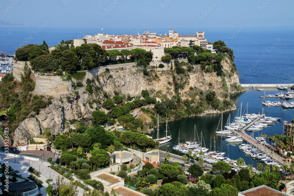 View of Monaco City and boat marina below in Monaco
