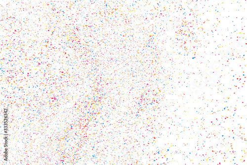Abstract explosion of confetti. Colorful grainy texture isolated on white background. Colored stains and blots. Vector overlay elements. Digitally Generated Image. Illustration, Eps 10.