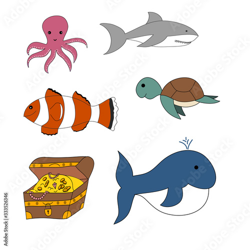 Sea inhabitants funny set with isolated cartoon images of marine animals and fishes on white background vector illustration