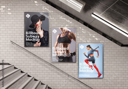 Billboards on Underground Stairs Wall Mockup