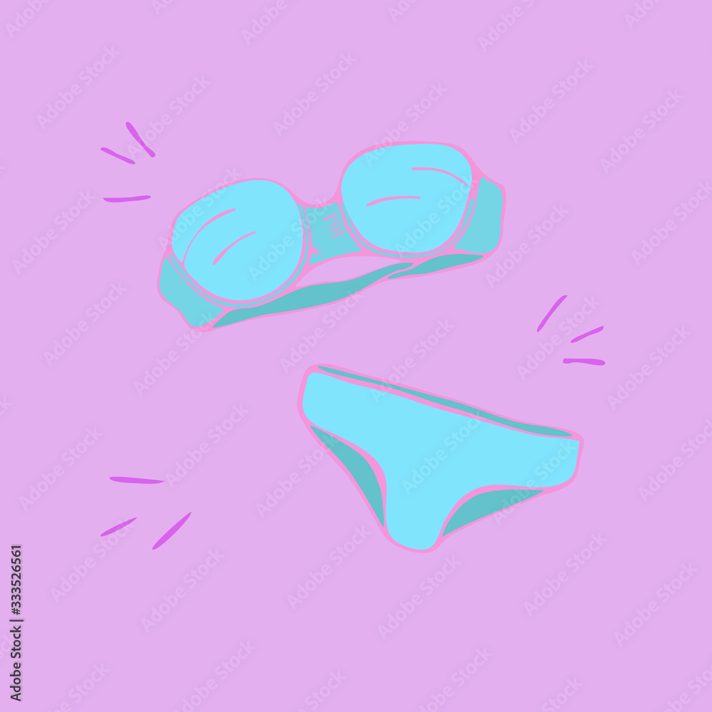 Swimsuit in hand drawn style. Top view. Isolated on light violet background with purple strokes. Summer vector illustration in trendy neon blue and pink colors. Design element for icon. Swimsuit in hand drawn style. Top view. Isolated on light violet background with purple strokes. Summer vector illustration in trendy neon blue and pink colors. Design element for icon.