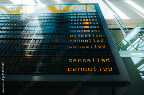 Cancelled flights are shown on display panel at Berlin-Tegel Airport, Berlin, Germany