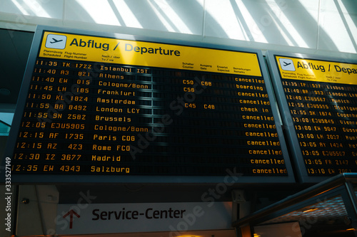 Cancelled flights are shown on display panel at Berlin-Tegel Airport, Berlin, Germany