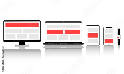 New device icon flat set in black: smartphone, laptop, computer monitor, tablet and smart watch on isolated white background. EPS 10 vector