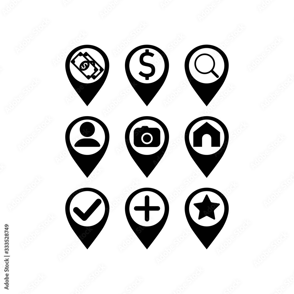 Map pointer icon set: pharmacy, store, currency exchange or geo pin, location in black or geolocation, gps, on isolated white background. EPS 10 vector.