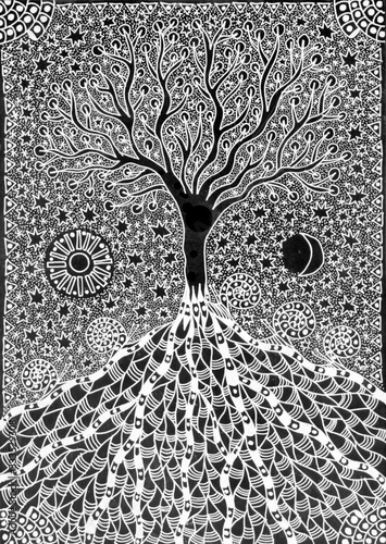 The tree of life. Graphic drawing - white picture against a black background. Mystical graphics of gel pens. Pixel graphics.