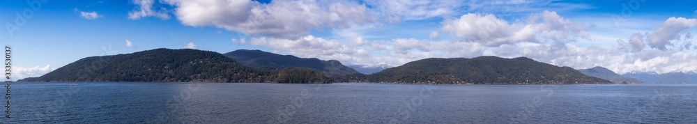 Panoramic View of Bowen Island during a sunny winter day. Taken at Horseshoe Bay, West Vancouver, British Columbia, Canada. Nature Background Panorama