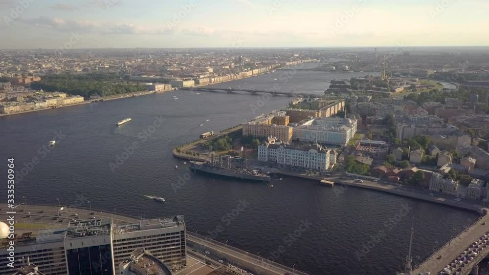 The city of St. Petersburg view of Kreisay Aurora in frame also the Neva River The city of St. Petersburg view of Kreisay Aurora in frame also the Neva River