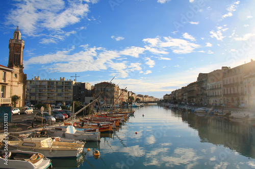 Colorful traditional wooden boats in Sete, a seaside resort and singular island in the Mediterranean sea, it is named the Venice of Languedoc Rousillon, France