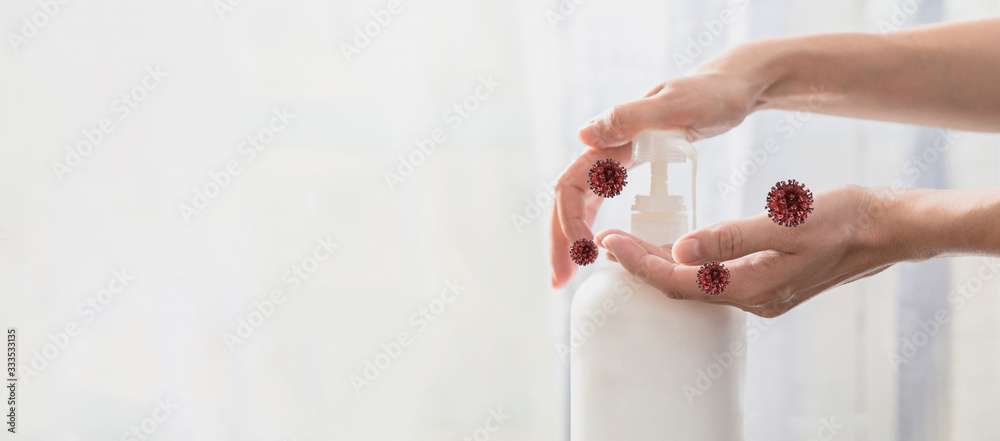 Plakat Woman hands pushing pump plastic soap bottle with viruses around, coronavirus protection concept