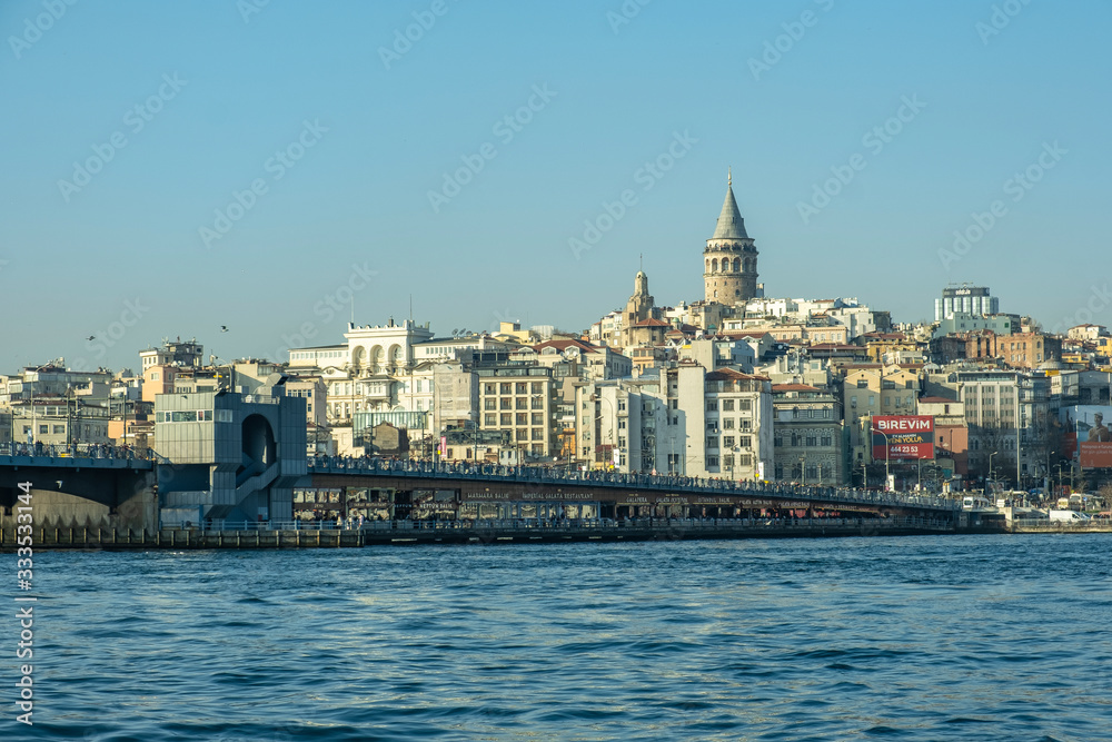 Cityscape of Galata Tower, steamboat and Bosphorus in Istanbul / Turkey - March 2020: Galata Tower and Bosphorus is very popular and famous place for tourist in istanbul. Seaside of Golden Horn.