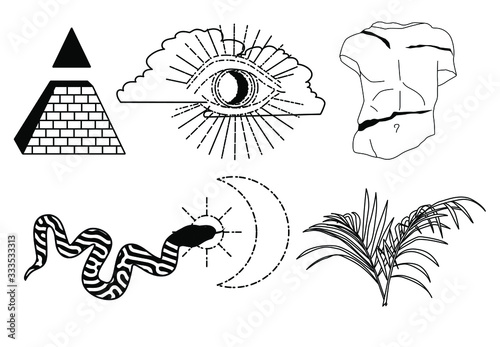 Set of pins, stickers and fashion badges in simple line art tattoo style. The eye of providence, Marble sculpture, palm leaves, pyramid, the eye of providence in clouds, moon and snake.