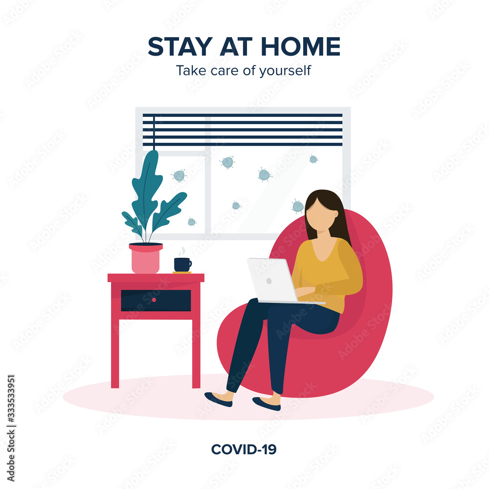 Girl with laptop on the chair. Staying and working at home. Young girl working from home.Self-isolation shield  from coronavirus. Remote work from home during Quarantine. Cute illustration in flat sty