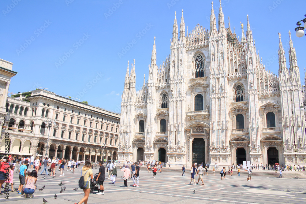 Piazza del Duomo, the main piazza of Milan and Cathedral-Basilica of the Nativity of Saint Mary, the largest Gothic cathedral in the world, Lombardy, Italy