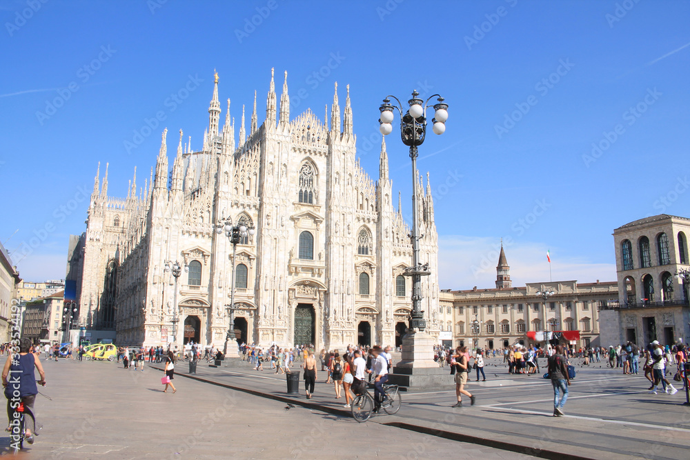 Piazza del Duomo, the main piazza of Milan and Cathedral-Basilica of the Nativity of Saint Mary, the largest Gothic cathedral in the world, Lombardy, Italy