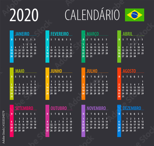 2020 Calendar - vector illustration. Template. Mock up. Brazilian version