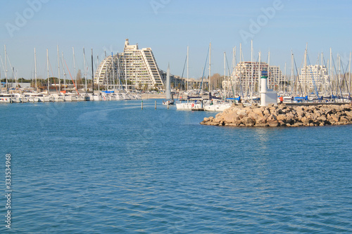 La Grande-Motte  a commune in the Herault departement in Occitanie in southern France. It is a popular seaside resort  marina and leisure center  one of the favorite resorts near Montpellier