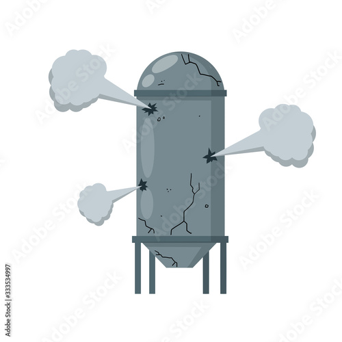 Boiler for heating water. Element of house, bath and toilet system. Sanitary engineering. Cartoon flat illustration. Overloaded steam boiler. Accident, explosion and smoke