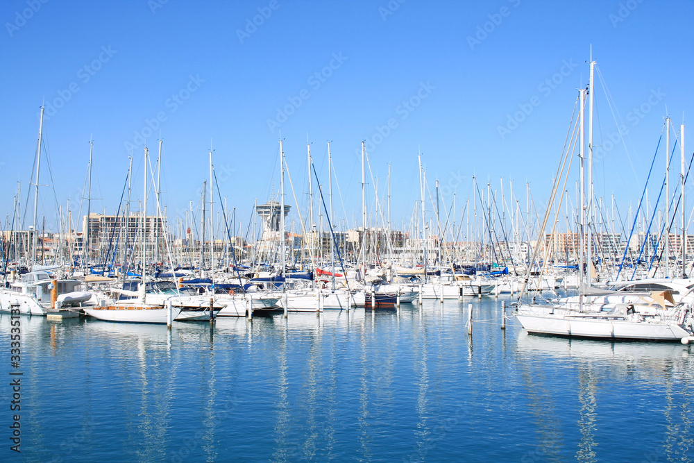 Marina and the lighthouse of the Mediterranean, an ancient water tower in Palavas les flots, a seaside resort of the Languedoc coast in the south of Montpellier
