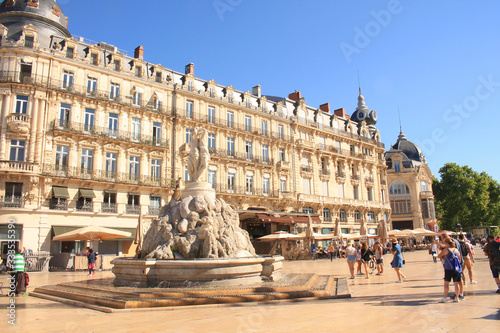 Comedy square of Montpellier and its three graces fountain, Herault, France