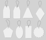 Set of various blank tags for price and text. Vintage. Design template for gift, shopping, ad and special offer. Discount and sale badges. Collection of different labels with cord and shadow. Vector.