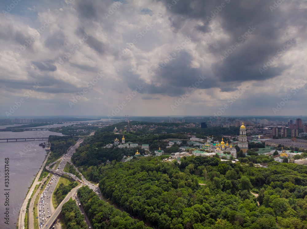 Beautiful, summer top view of the Kiev Pechersk Lavra. Kiev. Beautiful clouds.