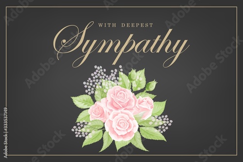 Pink rose bouquet on black background vector sympathy template