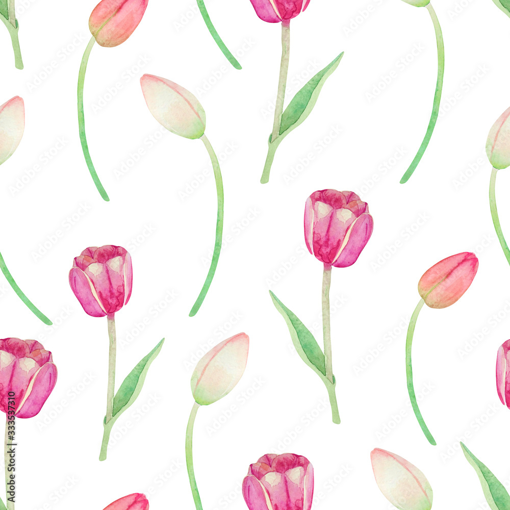 Watercolor pattern with pink tulips on a white background. Fresh spring print with delicate tulips for textiles and paper. Watercolor pattern with pink tulips on a white background. Fresh spring print with delicate tulips for textiles and paper.