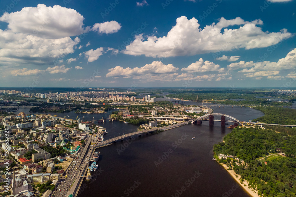 Top view of the Dnieper, bridges in Kiev. Beautiful clouds.