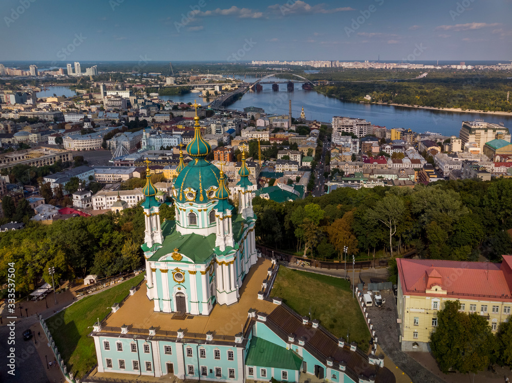 Beautiful top view of St. Andrew's Church, St. Andrew's Descent, Podil, Dnieper. Kiev. Ukraine.