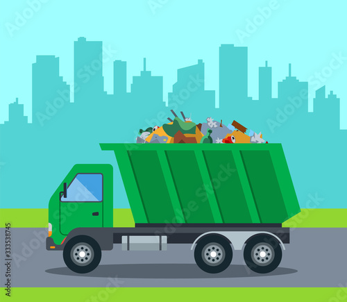 A truck takes out garbage from a city to a landfill. flat vector illustration