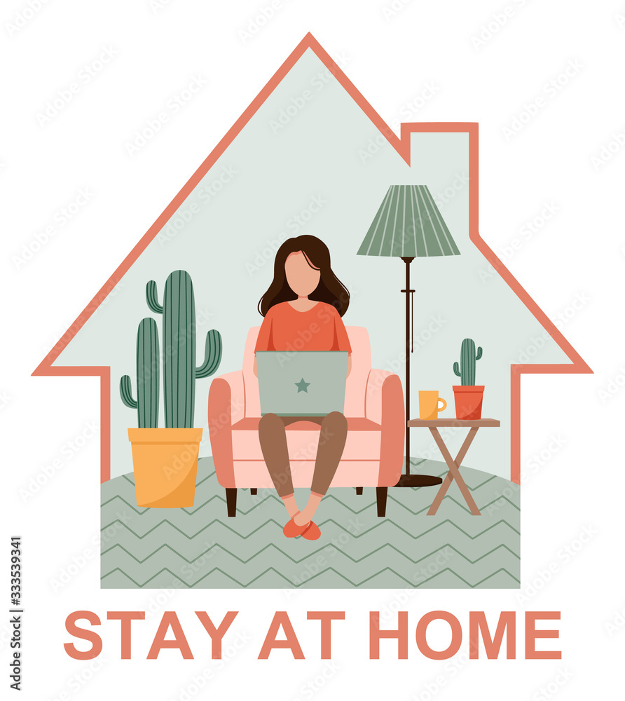 Woman with laptop on the chair. Freelance or studying staying home. Young girl working from home. Self-isolation shield from coronavirus. Remote work from home during Quarantine. Flat vector poster Woman with laptop on the chair. Freelance or studying staying home. Young girl working from home. Self-isolation shield from coronavirus. Remote work from home during Quarantine. Flat vector poster