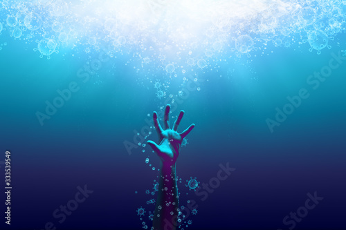 Konstfotografi a drowning hand surrounding with bubbles in coronavirus shape, idea, conceptual images about the pandemic of  coronavirus
