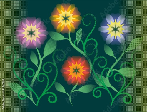 Stylized flowers and volutes, a decorative background – a study of the half-tone effect
