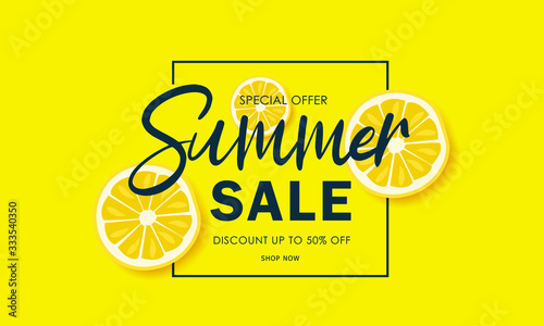 Summer sale minimal 3d paper cut style for banner, poster, card, invitation, print. Background lemon sliced in yellow color. Calligraphic discount offer 50 percent off. Vector illustration.