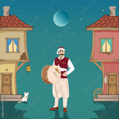 Ramadan drummer, Ottoman houses, cat, wheel and night. Vector drawing