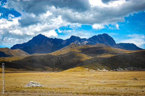 Beautiful view of the Ruminahui volcano and it's surrounding Andes fields, part of the Cotopaxi National Park, in Ecuador. photo