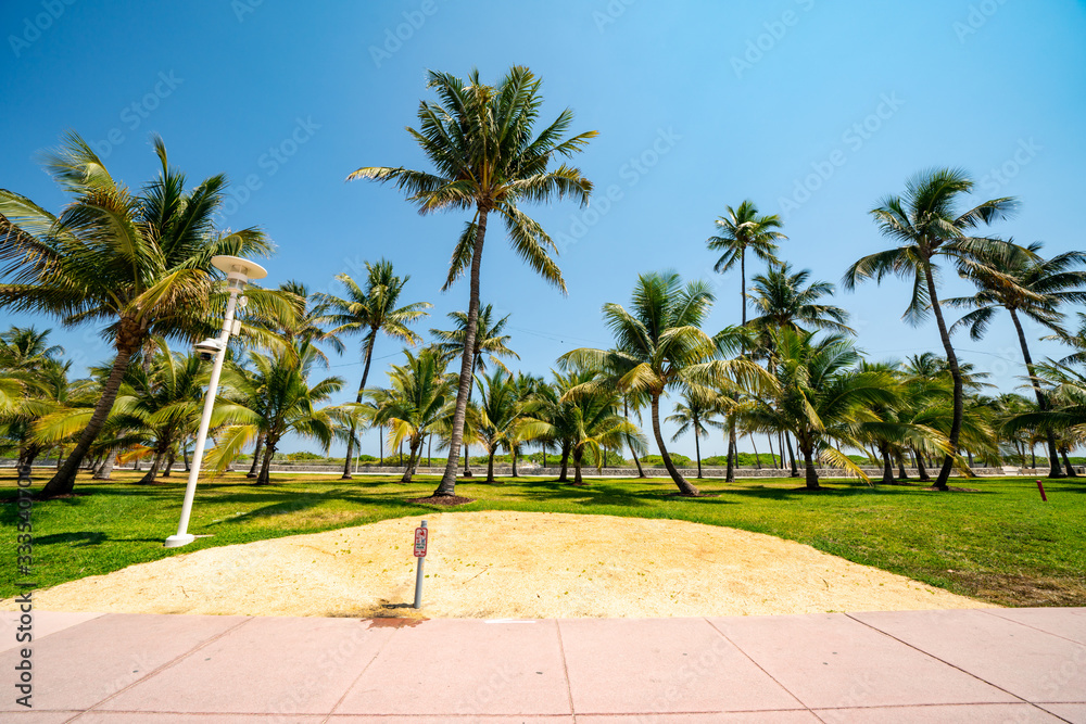 No people in Miami Beach Ocean Drive Lummus Park social distancing to slow Coronavirus Covid 19