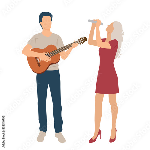 A man playing music on an acoustic guitar, a woman stands and sings, flat icon, cartoon realistic character isolated on a white background. Vector illustration in the style of a flat cartoon