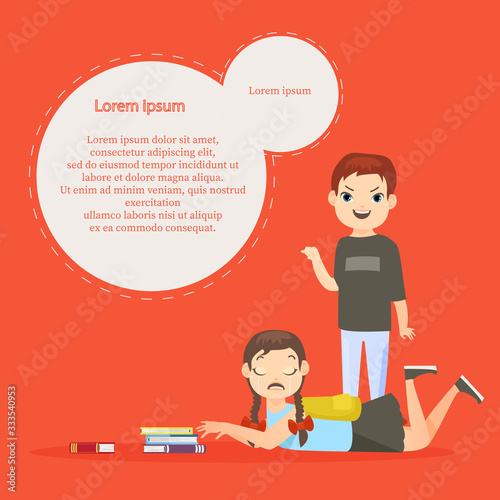 Vector illustration of kids bullying template with text space. Psychological abuse, agressive school children conflict flat illustration. Schoolchildren, teasing boy and crying girl cartoon characters
