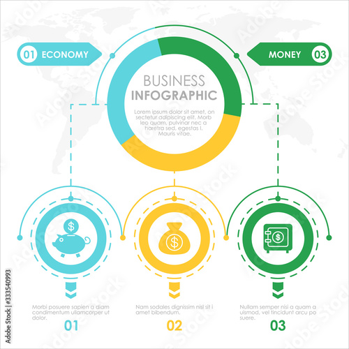 Business concept infographic template colorful vector illustration. Economy and money banner with copyspace. Investitions growth and profit. Business strategy visualization, presentation.