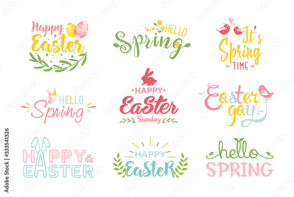 Easter and spring hand drawn colored lettering logo vector illustration set with holiday symbols