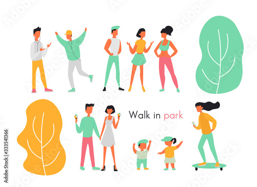 Outdoor activities and walks in park flat design style vector graphic illustration set
