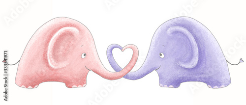 Konstfotografi Romantic fall in love elephants pink lilac purple boy girl cute sweet kiss hugs