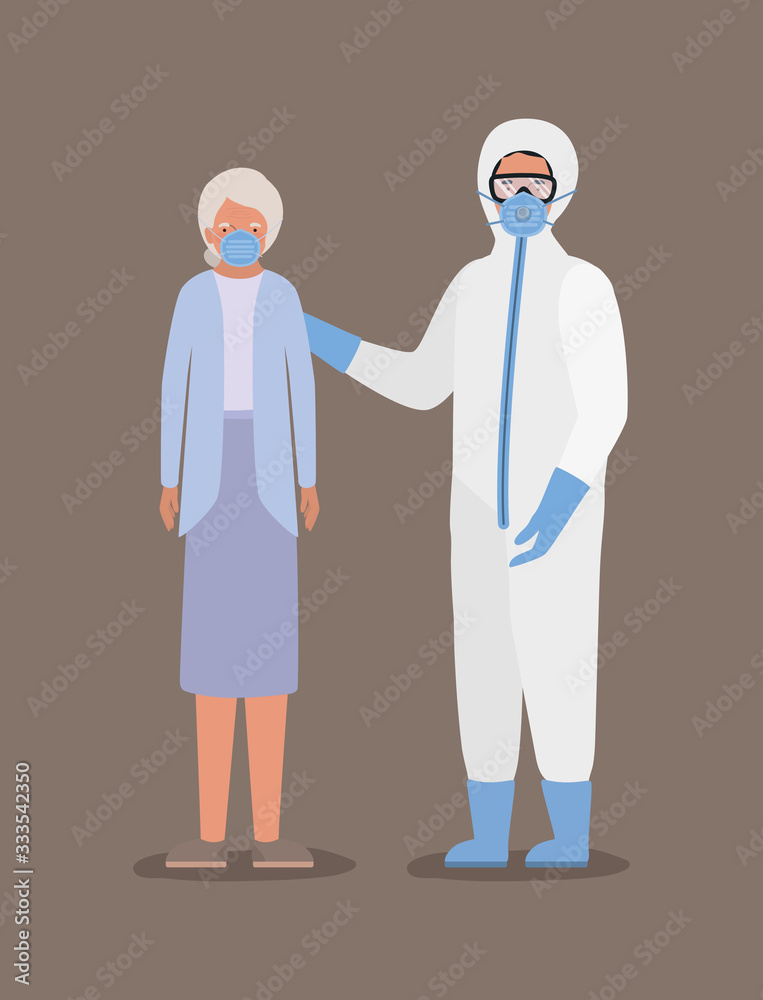 Elder woman with mask and doctor with protective suit against Covid 19 vector design Elder woman with mask and doctor with protective suit against Covid 19 vector design
