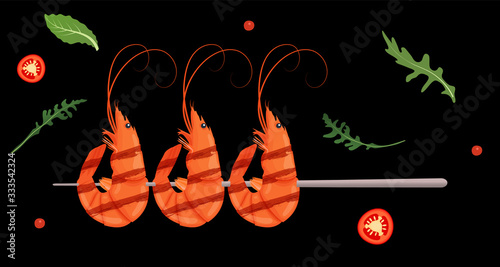 Grilled shrimp skewers. Tasty fresh cooked fried shrimps dish with chilli pepper. Sea food nutrition concept. Vector illustration.