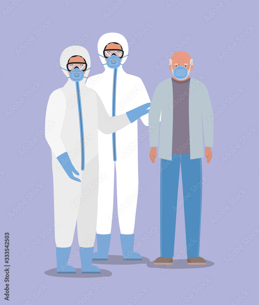 Elder man with mask and doctors with protective suits against Covid 19 vector design Elder man with mask and doctors with protective suits against Covid 19 vector design